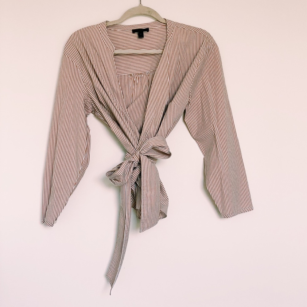J. Crew Wrap Blouse White & Tan Stripes Waist Tie